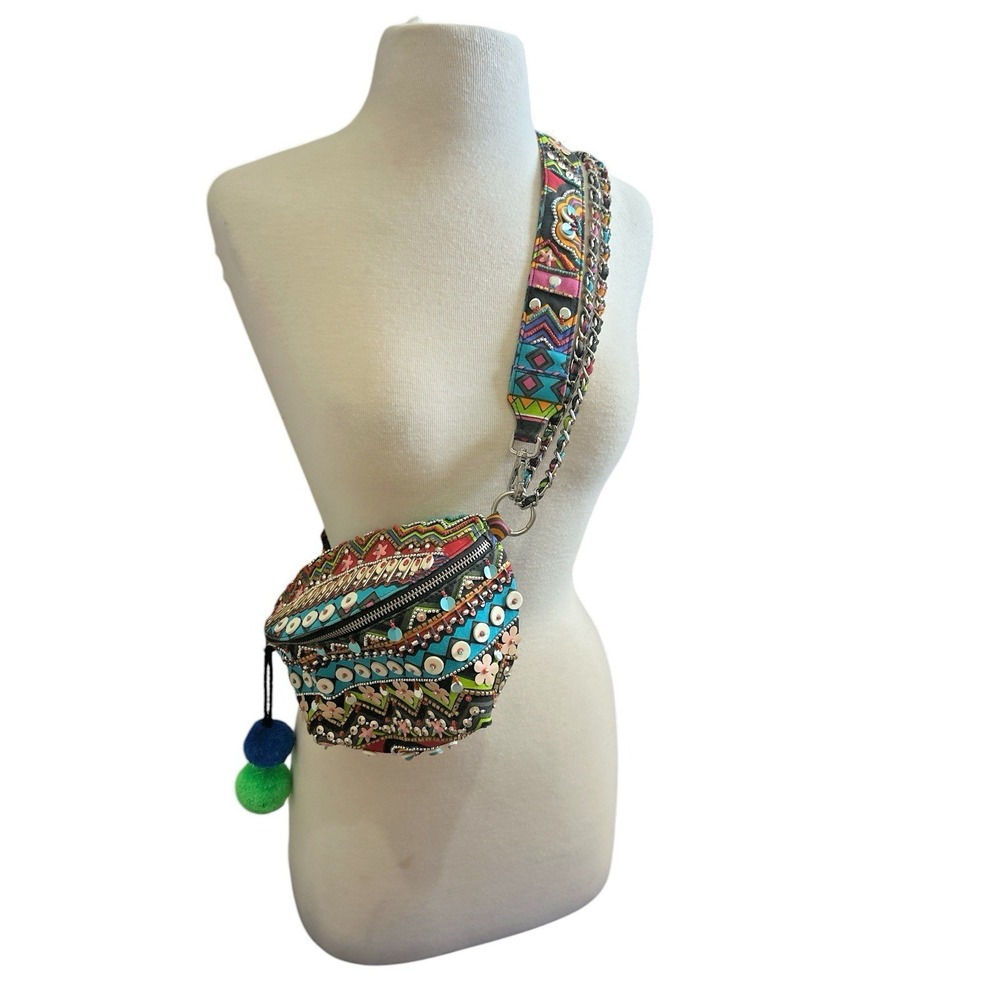 Steve Madden Cancun Belt Bag Colorful Beads Crossbody Fanny Pack Textile W/Puffs